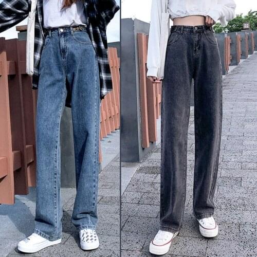 FNOCE 2020 new womens pants jeans fahsion trends casual elegant solid high waist slim loose denim full Straight pants for girl