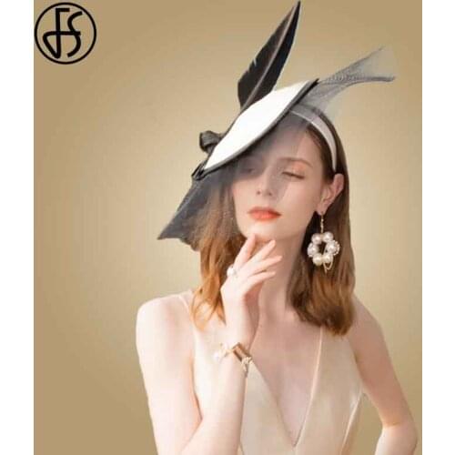 FS Fascinator Black And White Wedding Hats For Women Elegant British Tea Party Hats Feather Pink Hat Church Chapeau Fedoras