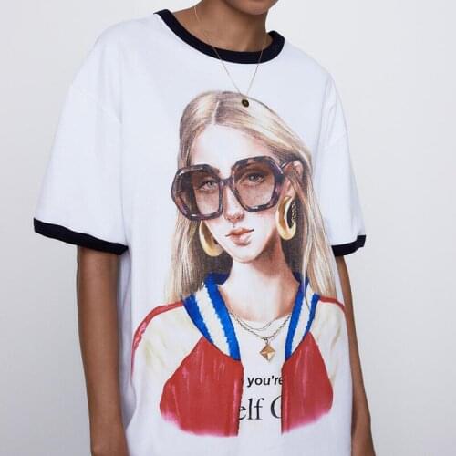 Summer ladies white T-shirt short-sleeved round neck top girl pattern printing T-shirt casual fashion clothing