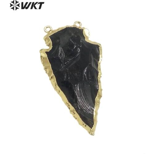 Fashion !! Black arrowhead pendants with double bail, obsidian pendant connector with gold electroplated(WT-P306)