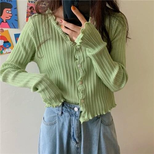 Fashion Solid Wood Ear Edge Long Sleeve Knit Cardigan Womens Autumn Slim V-neck Casual Shirt Crop Tops Single Breasted Street