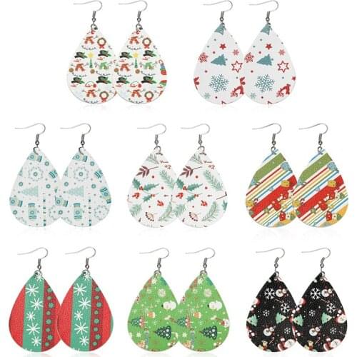 New 2019 Santa Claus Snowman Leather Earrings Glitter Double Sided Christmas PU Leather Teardrop Leaf Earrings Christmas Gifts