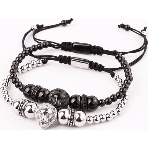 New Design High Quality Stainless Steel Lion Charm Friendship Macrame Jewelry Bracelet Men