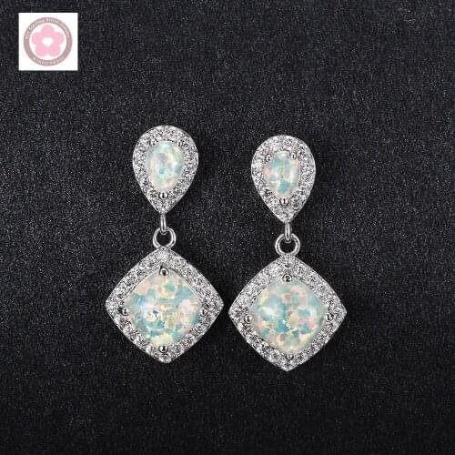 RH0042 Quadrilateral Design Fire Opal White Zricon Women Stud Earrings Fashion Jewelry s0014