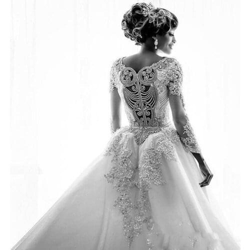 2020 Luxury Crystal Beading Wedding Dresses With Detachable Train Scoop Neck A Line Bridal Gowns Sweep Train Custom Made Dress