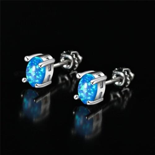 Blue Opal Oval Stone Stud Earrings Cute Female Rainbow Crystal Small Earrings Rose Gold Silver Color Wedding Earrings For Women