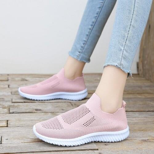 Mesh Large Size Womens Flying Woven Breathable One-step Flat-soled Shoes Spring and Summer New Round Toe Sneakers Womens Shoes