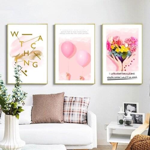 Nordic Pink Balloon Small Fresh Flower Canvas Painting WTACHING Warm Love Poster Wall Art Pictures For Living Room Home Decor