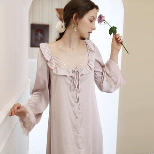 Ladies Lace Bow Trim Long Satin Sleepshirts Summer New Square Collar Nightgown Spring Autumn New Sleepwear Retro Night Dress