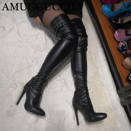 2020 New Plus Big Size 35-47 Black Zip Buckle Fashion Sexy Thigh High Heel Over The Knee Autumn Winter Ladies Women Boot X1788