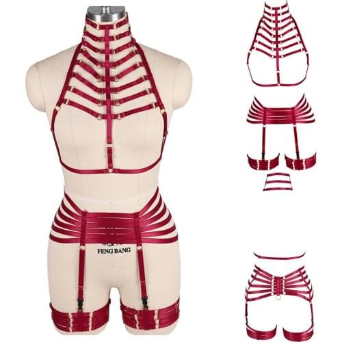 Fetish Full Body Harness Bra Caged Top Bust Strappy High Waist Belt Garter Punk Goth Women Hollow Lingerie Festival Club Wear