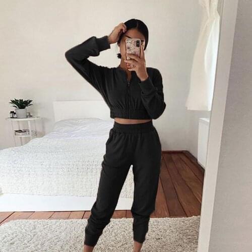 Women Sports Outfits Leisure Suit Zipper Long Sleeve Two Piece Set Short Top Long Pants Sets Female Casual Running Sweatshirts