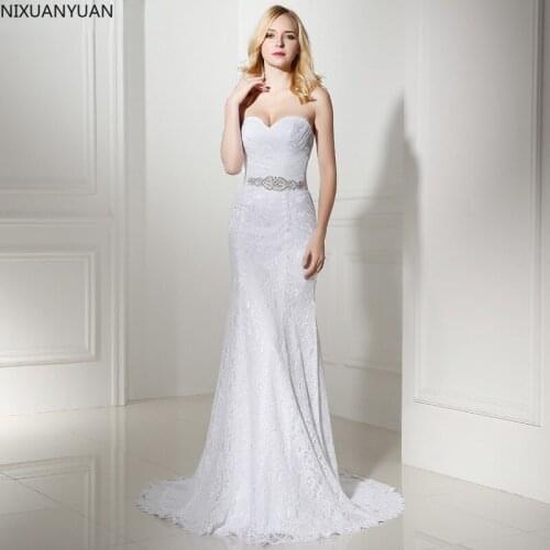 Pleat Bridal Wedding Gown Real Photos White Lace Cheap Mermaid Wedding Dress 2019 Vintage Sash Bride Dress vestido De noiva Belt