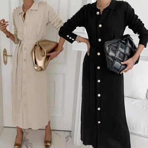 Autumn Clothes 2021 New Women Clothes Chic Lapel Long Sleeve Slim Fit Knitted Vintage Lace Up Fashionable And Elegant Dress