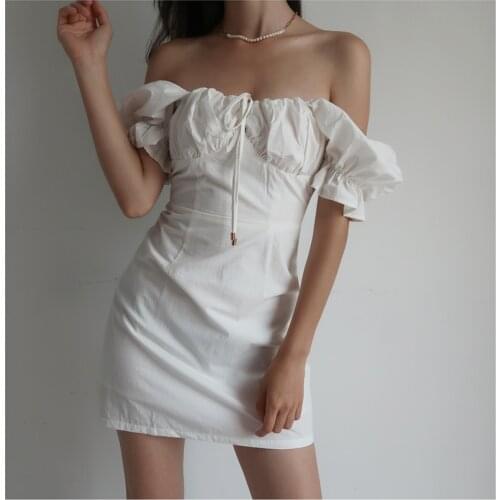2021 Summer White Women Dress Elegant Puff Sleeve Y2k Casual Party Beach Light Dress Robe French Retro Boho Slash Neck Mini Sexy