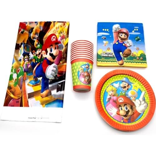 61pcs/lot Mari0 Theme Boys Kids Favors Tableware Set Plates Cups Dishes Birthday Events Baby Shower Party Tablecloth Napkins