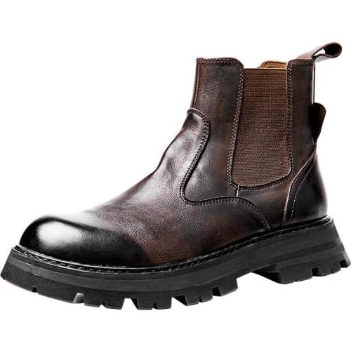 Chelsea Boots Cowboy Boots Mens Cowhide Handmade Fashion Men Boots British Retro Genuine Leather Combat Boots Autumn Winter