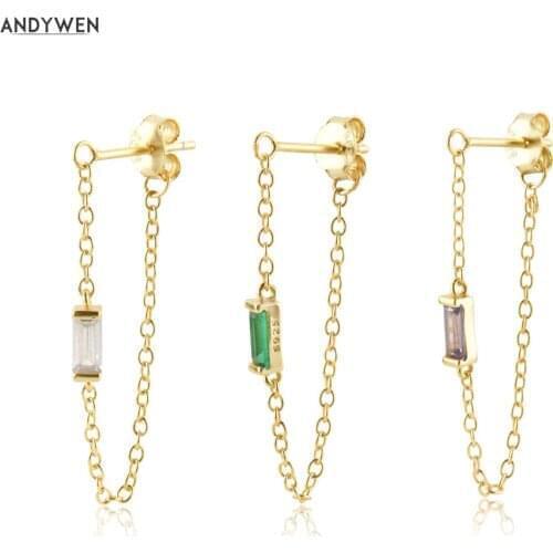 ANDYWEN 925 Sterling Silver Three Zircon CZ Chain Piercing Stud Earring Fine Jewelry Luxury Jewelry Gift Rock Punk Clips Wedding