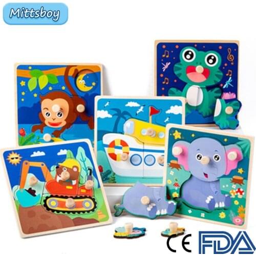 Montessori Wooden Cartoons Animal Toy Hand Grasping Plank For Children Jigsaw Brain Training Learnings Toy Educational Toy Gift