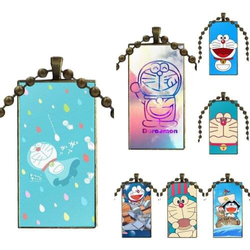 For Women Men Party Glass Pendant Necklace Handmade Half Pendant Rectangle Necklace Cute Doraemon Blue Cat Color