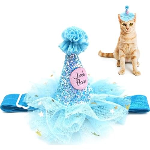 Pet Birthday Hat Tulle Glitter Birthday Cone Pet Headband Headwear For Dogs Cats Party Dress Up Hair Accessories Blue Pink Red