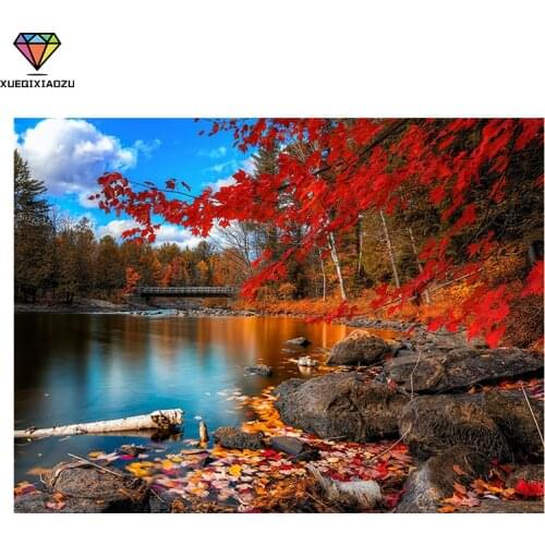 XUEQIXIAOZU 5D DIY Painting Full Round Diamond Red Leaves Landscape Picture Cross Stitch Mosaic Picture Rhinestones Embroidery