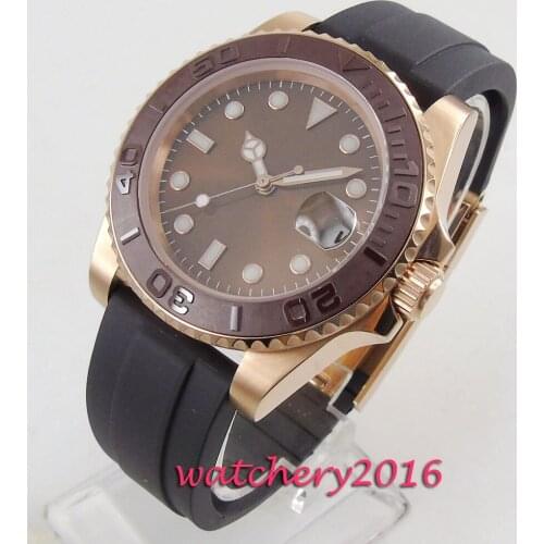 40mm BLIGER Brown Dial Rose Golden Plated Sapphire Glass Brushed Bezel Date MIYOTA 8215 Automatic Mechanical Mens Watch
