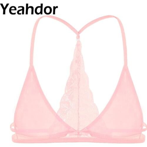 Mens Sissy Lingerie Bras Mesh See Through Sheer Lace Y-shape Back Wire-free Unlined Triangle Bralette Bra Top Gay Underwear