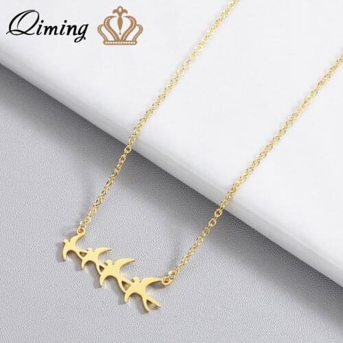 QIMING Lovely Flock Of Birds Necklace Stainless Steel Jewelry Bird Animal Pendant Swallow Necklaces Women Gift