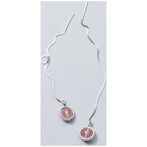 Real. 925 Sterling Silver jewelry Natural stone Pink crystal into the Circle Piercing Long Earrings Pull Through C-E6192