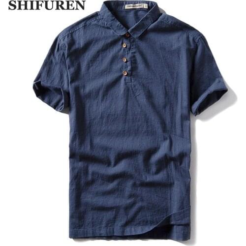 SHIFUREN Summer Men Short Sleeve Shirts Thin Breathable Cotton Linen Dress Shirts Traditional Chinese Style Male Clothes