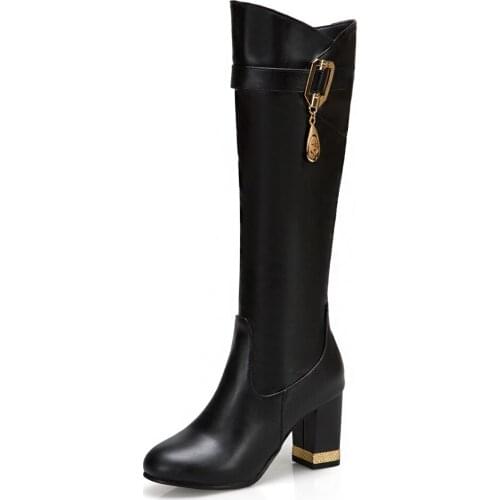 High Heel Belt Buckle Metal Embellished PU Knee-Length Boots Thick Heel Side Zipper Solid Color Short Plush Boots
