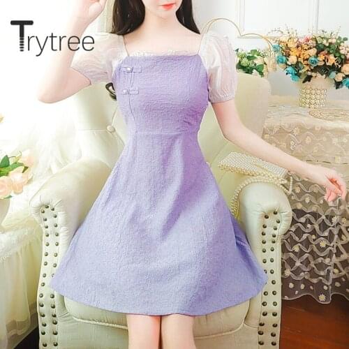 Trytree 2020 Summer Women Casual Dress Square Collar Patchwork Purple Lace Vintage Puff Sleeve A-line High Waist Mini Dress