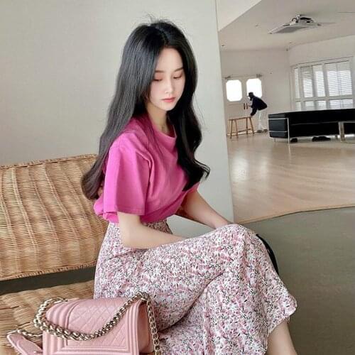 Vintage Floral Print A-line Pleated Long Skirts Summer Women Korean Skirt Streetwear Drawstring Elastic Waist Midi Skirt