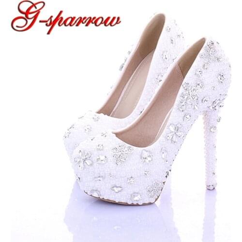 14cm High Heel White Pearl Wedding Shoes 2018 Women Pumps Spring High Heel Bridal Dress Shoes Glitter Rhinestone Party Platforms