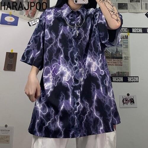 Harajpoo Women Shirts Harajuku Black Personality Lightning Print Loose Bf Wind Couple Street Tide Short Sleeves Student Tops