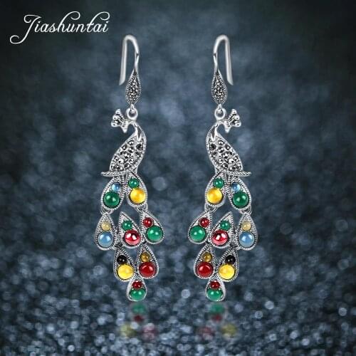 JIASHUNTAI Silver 925 Earrings Vintage Peacock Earrings Colorful Retro 100% Sterling Silver Jewelry For Women Natural Stone