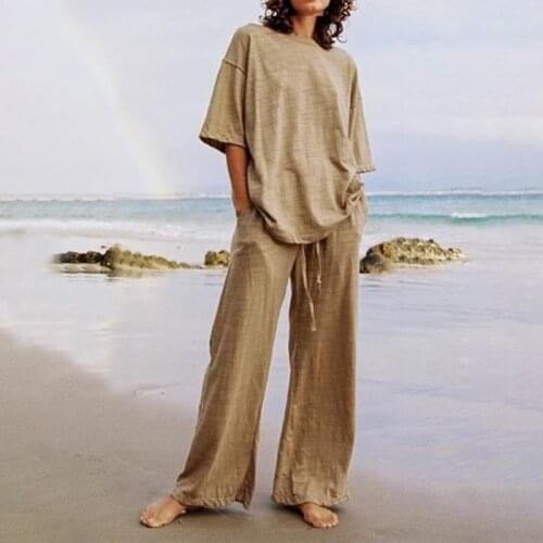 Women Fashion Loose Two Piece Sets Summer Short Sleeve O Neck T-shirt And Wide Leg Pants Suits Casual Female Solid Clothing