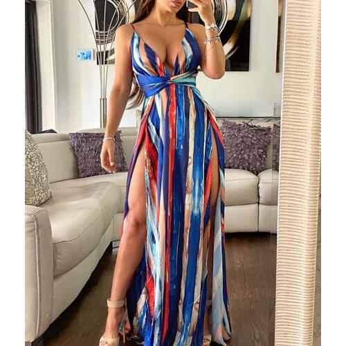 Echoine Colorful striped Print Long Maxi Dress with Belt V-neck Split Vintage Vestidos Robe Boho Bohemian Summer Dresses
