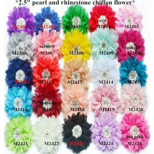 30pcs /lot pearl center chiffon flower in 25colors hair accessory chiffon fabric flowers with beads and rhinestone centers