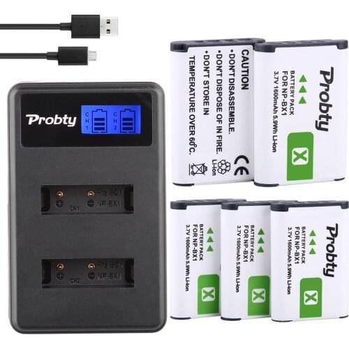 5Pcs PROBTY NP-BX1 NP BX1 Batteries + LCD Charger For Sony DSC-RX100 DSC-WX500 IV RX10 II HX300 WX300 HDR-AS15 CX240E HDR-AS300