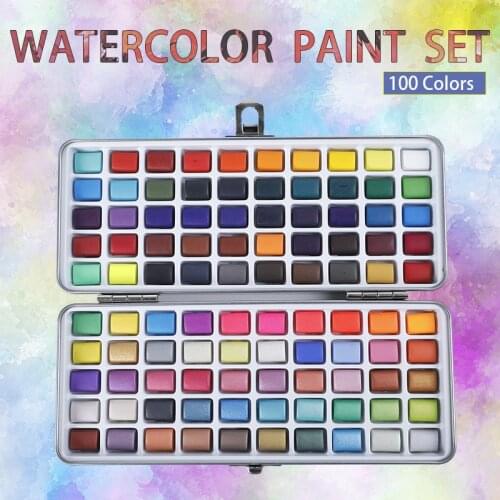 50/72/90/100 Color Solid Watercolor Paint Set Portable Metal Box Watercolor Pigment Beginner Drawing Watercolor Paper Supplies