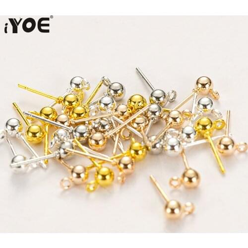 50pcs/Lot 4mm Round Ball Basic Stud Earring Pins Finding With Loop Stoppers Connector for DIY Jewelry Making Earring Supplies