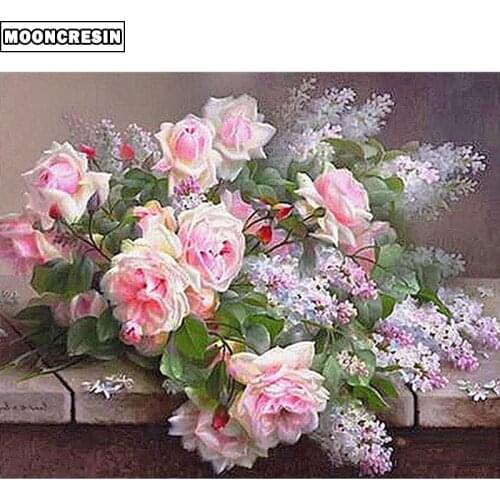 5D Diy Diamond Painting Full Square Drill Cross Stitch Mosaic Diamond Embroidery Flower Pink Rose Handcrafts Modern Decoration