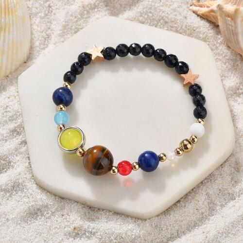 Classic Colorful Eight Planets Pearl Bead Pentagram Bracelet Bangle Wrist Jewelry Bracelets for Women Men Girls Gift Wholesale