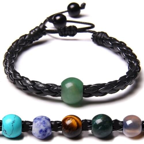 12mm Big Hole Beads Bracelet Natural Stone Braided Bracelets Aventurine Agates Adjustable Rope Jewelry For Women Men Pulsera