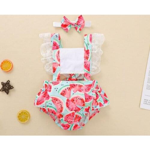 Kids Baby Girls Watermelon Printed Romper Ruffled Lace Sleeve Square Neck Hollowed Bodysuit with Headband Summer Clothing