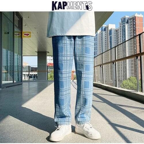 KAPMENTS Men Baggy Wide Leg Plaid Jeans Pants 2021 Mens Japanese Streetwear Causal Denim Trousers Male Kpop Vintage Denim Pants