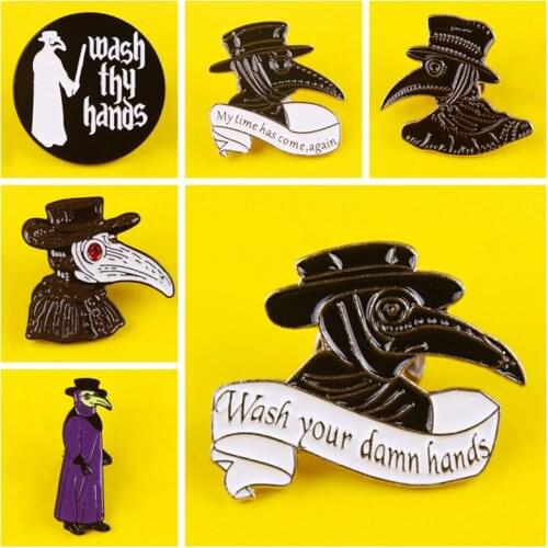 Plague Doctor Enamel Lapel Pins Wash Your Hands Brooches Badges Backpack Fashion Pins Gifts for Friends Wholesale Jewelry DIY