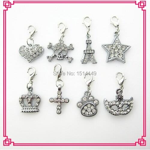Hot selling mix 8 designs crystal dangle charms with lobster clasp for diy jewelry pendant locket (per designs per 5pcs)